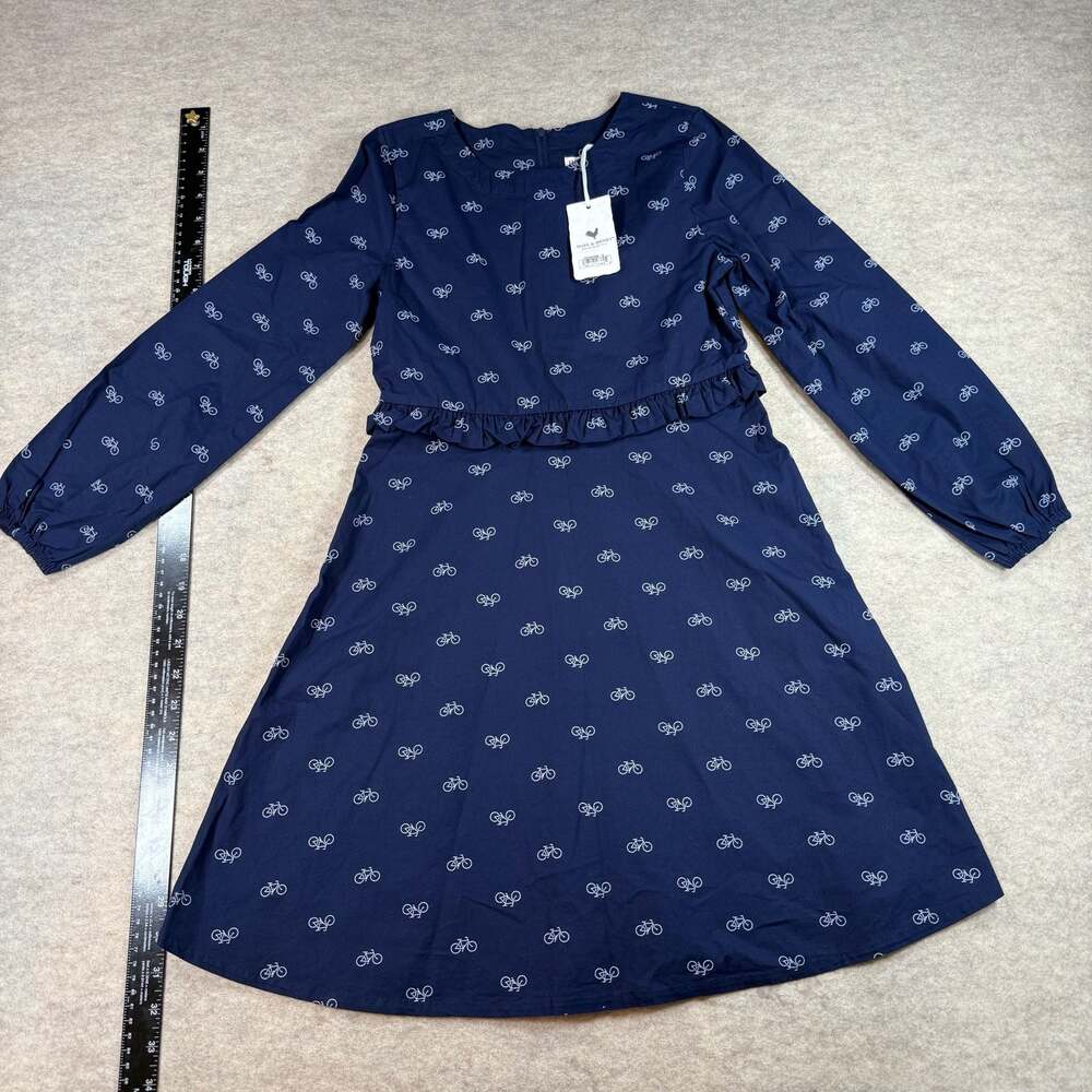 Hope & Henry Girls Long Sleeve Ruffle Waist Bicycle Print Dress navy size 12